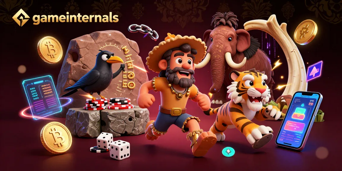 gameinternals showcases a lively prehistoric casino scene with unique characters and gambling elements.