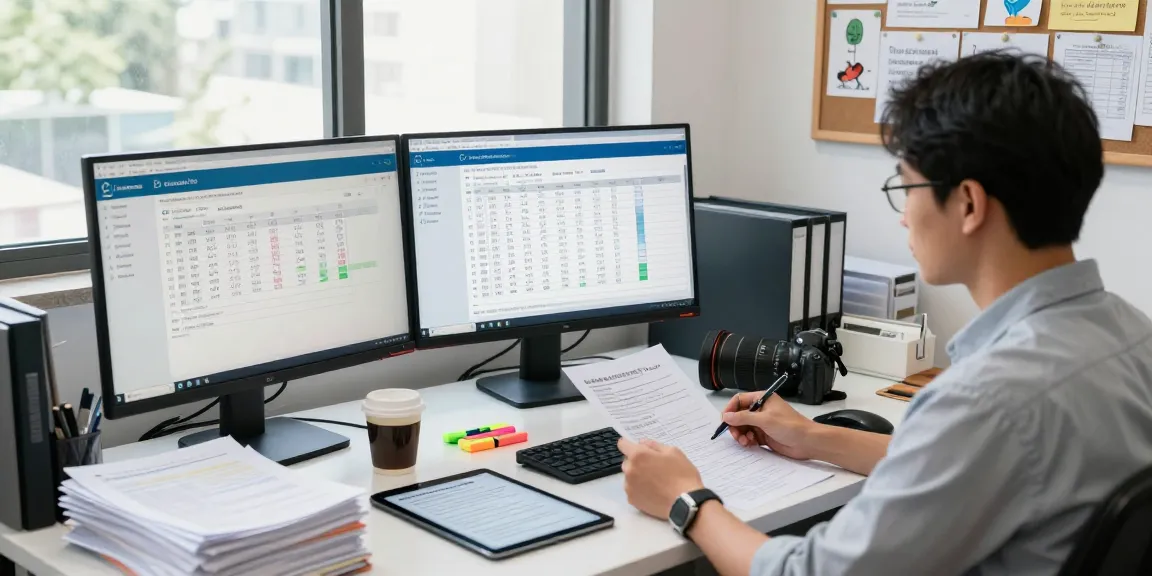 Analyst detecting fake receipt in a busy office setup with multiple screens and analytical tools.