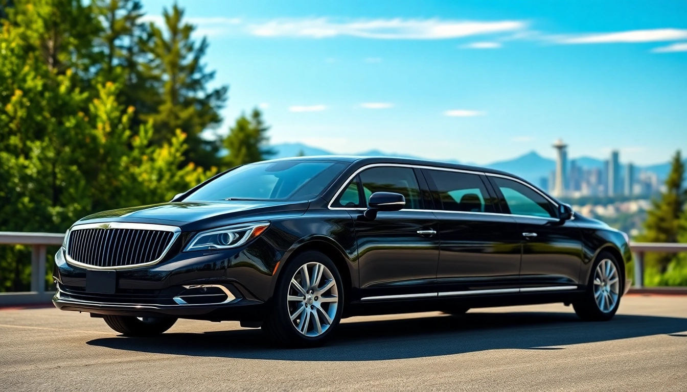 Limo service Vancouver to Seattle featuring a luxurious limousine against a beautiful mountain backdrop.