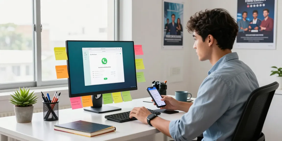Young professional using WhatsApp電腦版 on a desktop in a bright, modern workspace.