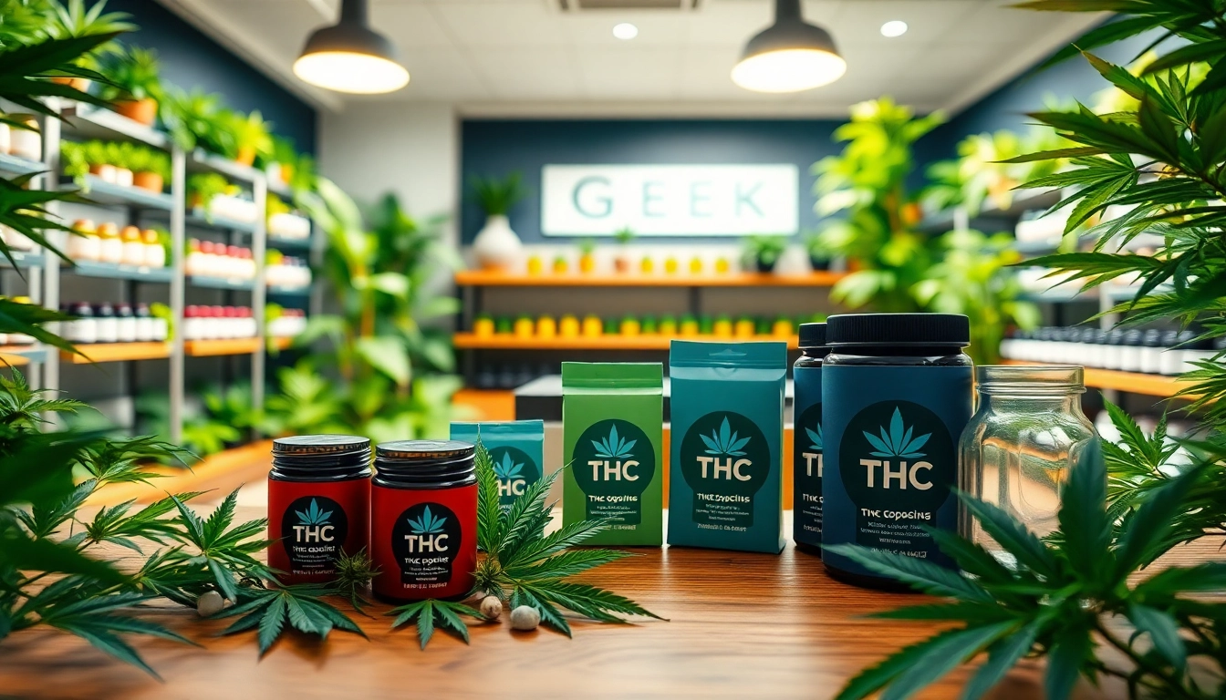 Showcasing GEEK THC products in a vibrant dispensary environment with colorful packaging and inviting design.