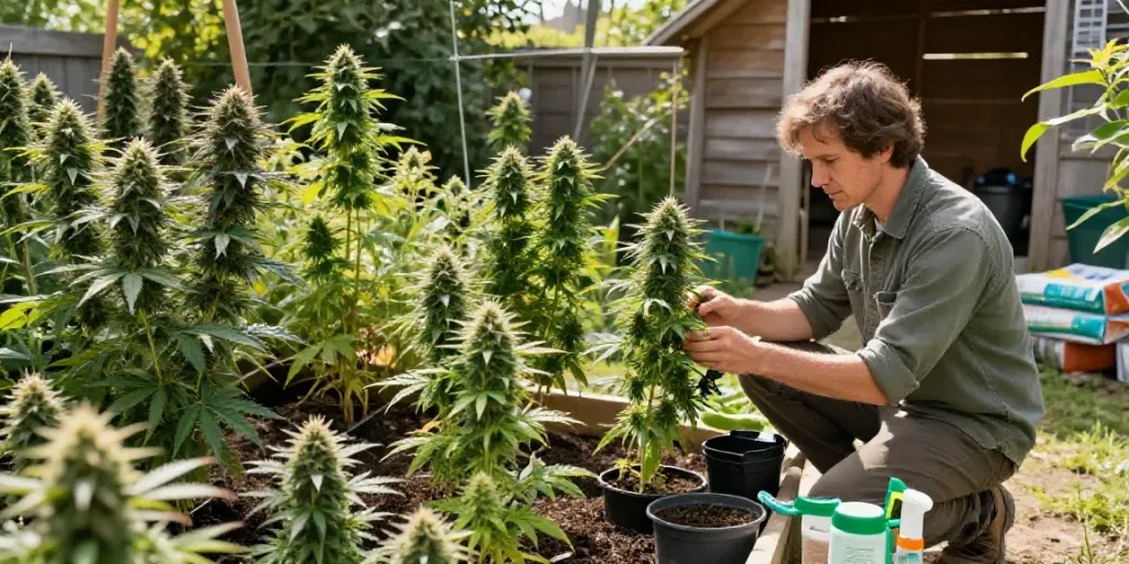 Cannabissamen kaufen: Experte evaluiert gesunde Cannabis Pflanzen in einem lebendigen Garten.