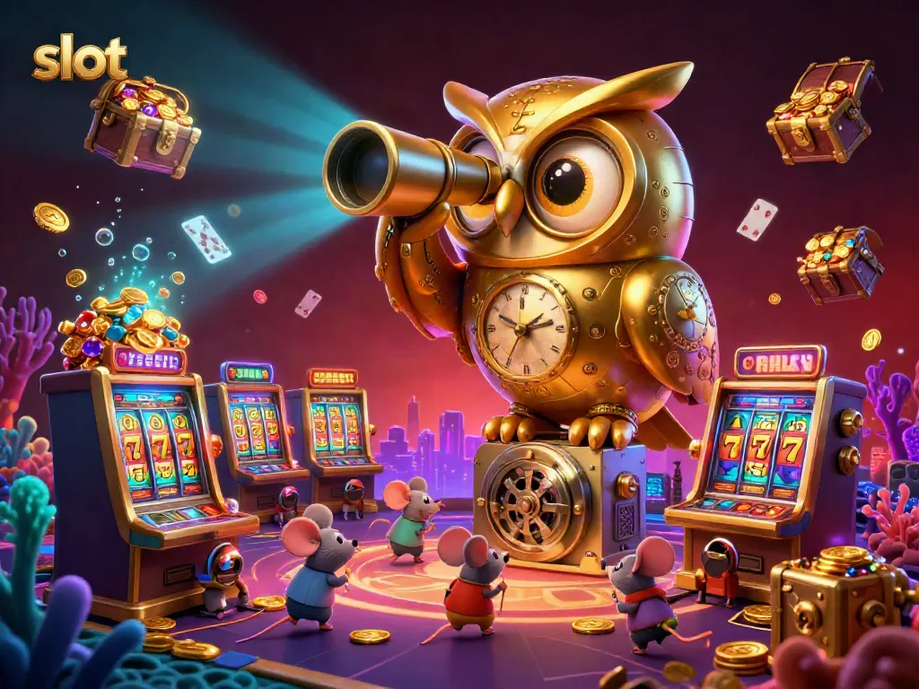 Engaging 3D illustration of vivid slot machines and a golden owl surveying a casino scene, showcasing interactive gaming elements.