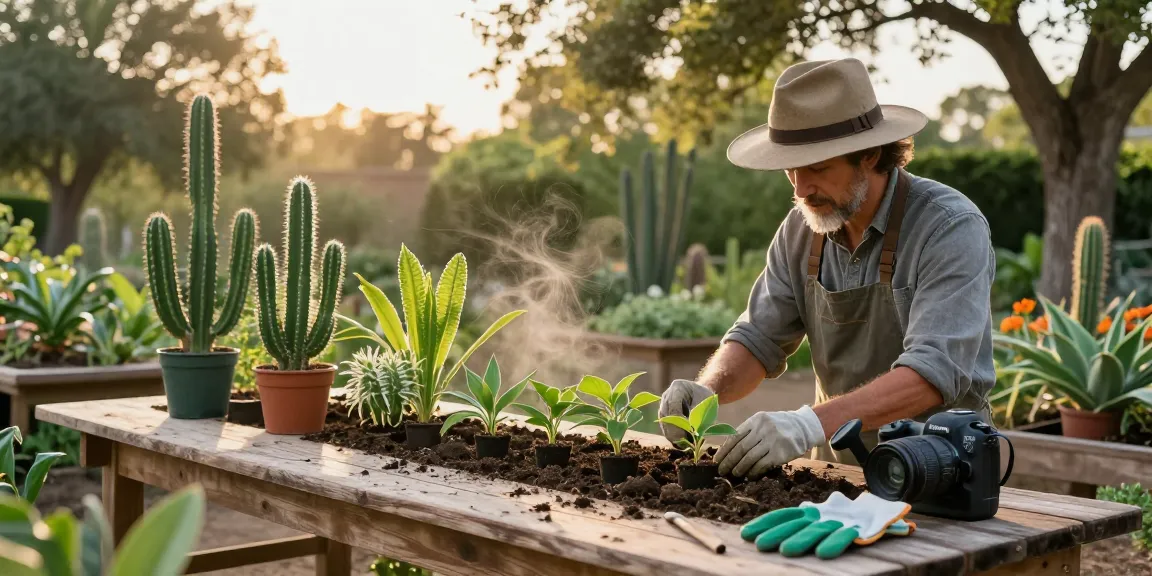 Lophophora Williamsii seedlings being cultivated with care, highlighting the quality of San Pedro Powder plants in a serene gardening environment.