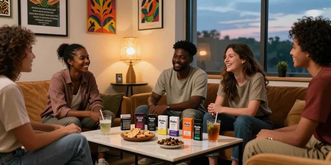 Friends enjoying Muha Med cannabis products in a cozy lounge atmosphere.