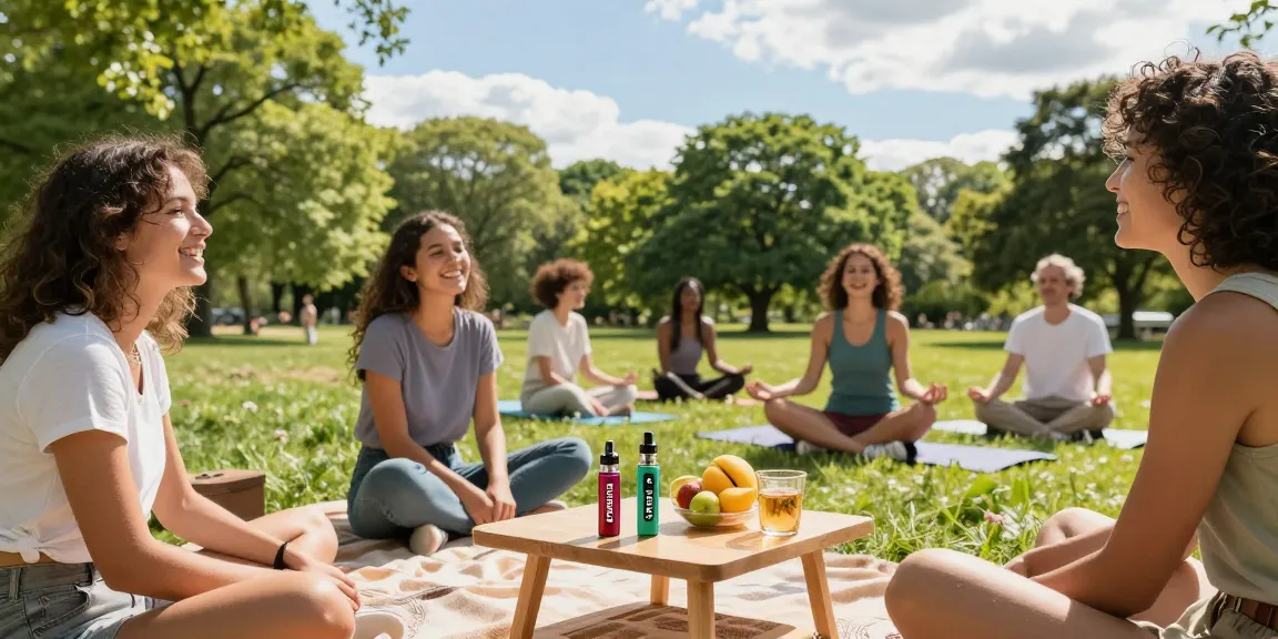 thc vape experience in a sunny outdoor park, friends enjoying organic quality vaping, natural wellness atmosphere