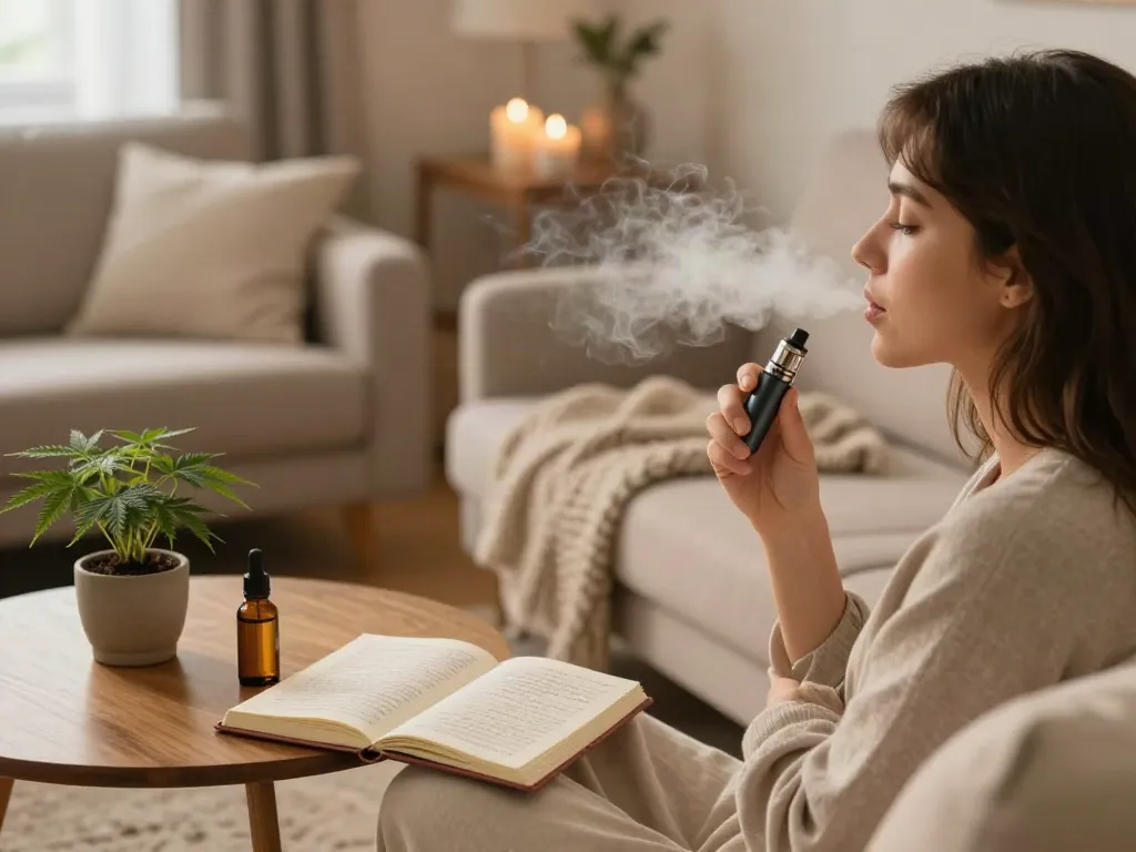 Relaxing evening with cheap dabs vape device, CBD oil, wellness journal for optimal self-care.