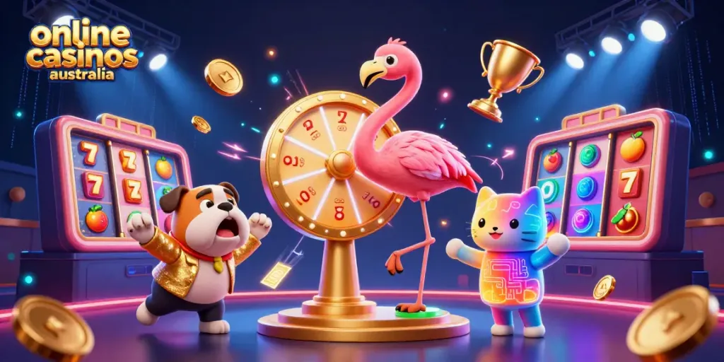 Engaging illustration of online casinos Australia featuring dynamic characters and vibrant casino elements.