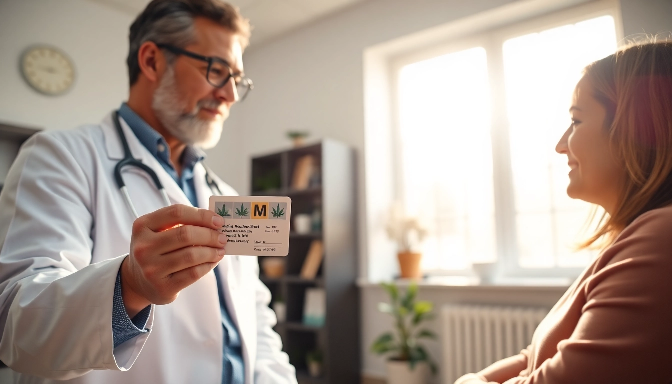 Patient receiving a Medical marijuana card from a healthcare professional in a welcoming clinic.