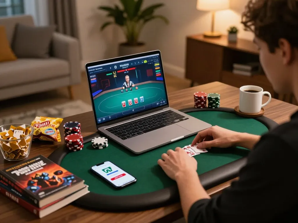 Engaged player using the 789bet link mới app for online poker in a cozy home setting.