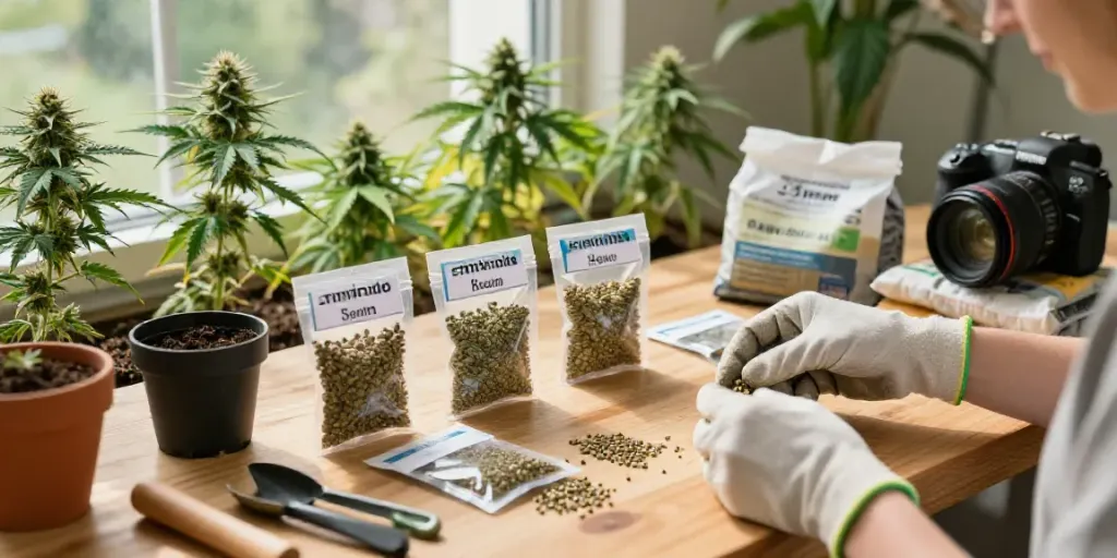 Cannabissamen kaufen displayed in an inviting indoor garden with a person inspecting cannabis seed packets.