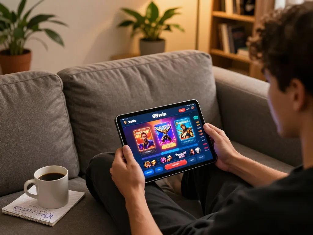 Engaging 99win online gaming scene with a player analyzing strategies during gameplay