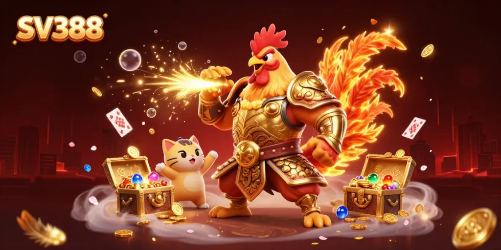 Engage in thrilling SV388 cockfighting with a warrior rooster and dragon in a dynamic arena setting.