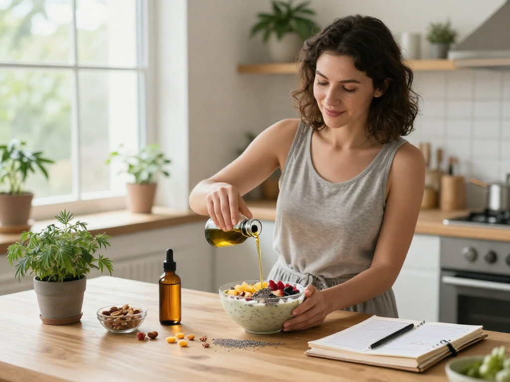 Order weed online for natural wellness: CBD tincture and smoothie breakfast scene with fresh hemp elements.