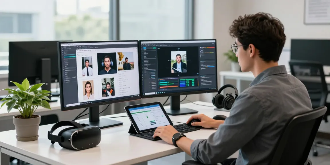 AI detector specialist analyzing digital images in a modern tech workspace