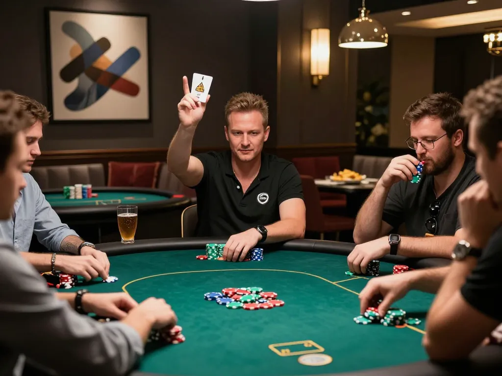 GG88 players engaged in intense poker gameplay with colorful chips on a green felt table.