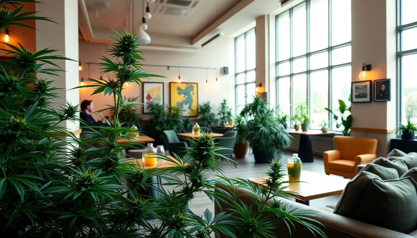 Besucher genießen die Atmosphäre im cannabis club hamburg mit gemütlichen Sitzbereichen und grünen Pflanzen.