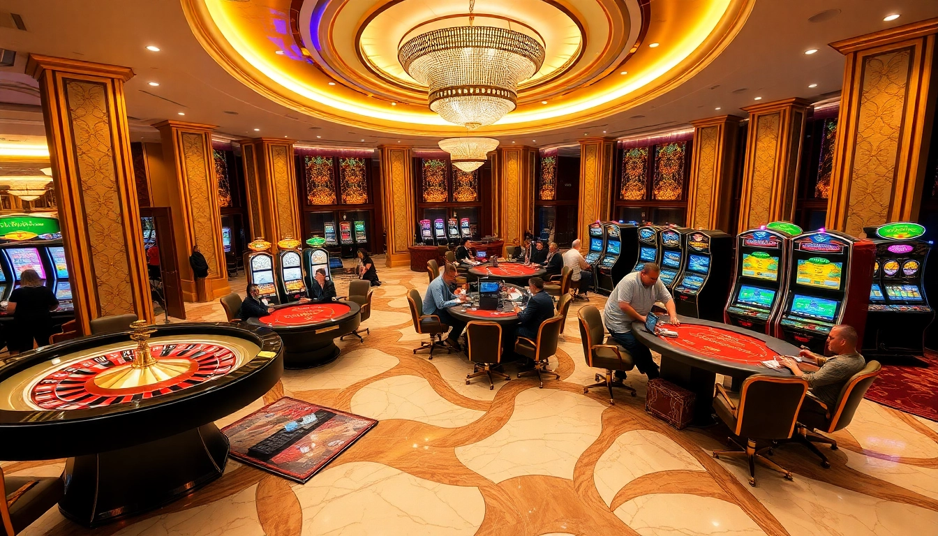 Experience excitement at MM88 ZO with casino tables, roulette wheels, and vibrant slot machines.