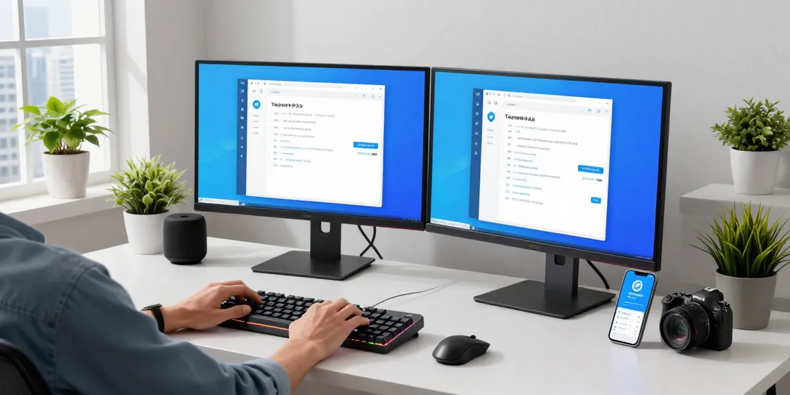 Engaged tech enthusiast using Telegram中文版 on dual screens in a modern workspace.