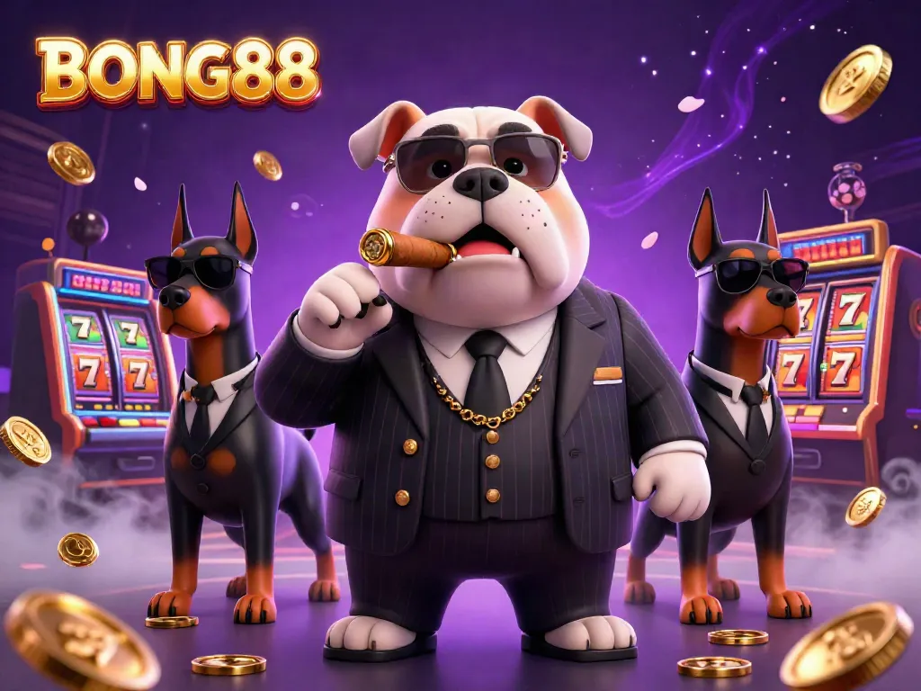 Experience the thrill of gaming at BONG88 with a vibrant 3D casino scene featuring a mafia boss and dynamic elements.