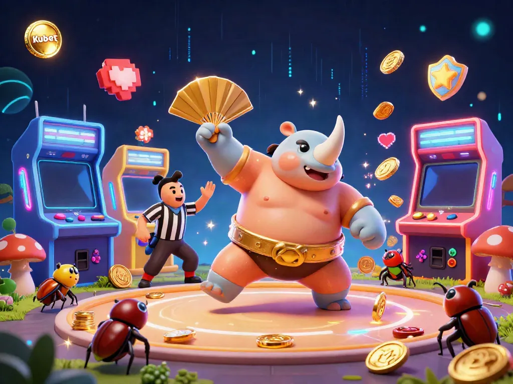 Experience thrilling gameplay with Kubet as a sumo beetle champion sends coins flying in this vibrant casino scene.