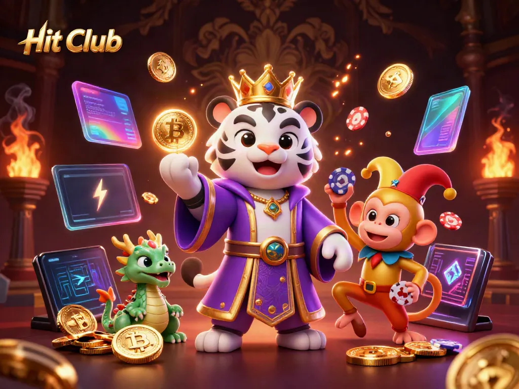 Engaging Hit Club scene with a royal tiger, jester monkey, and animated dragon amidst vibrant gambling elements.
