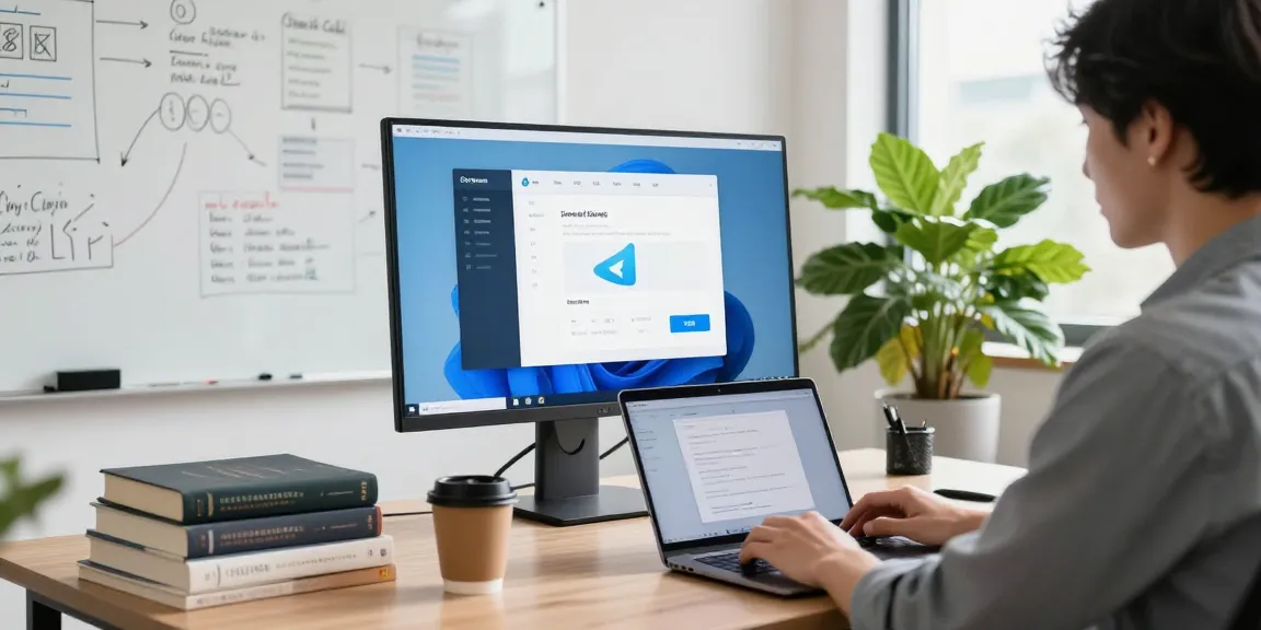 Developer using telegram中文版 on laptop in a modern office.