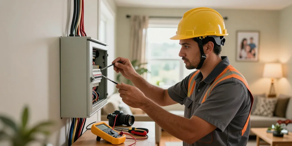 Local emergency electrician inspecting a home's electrical panel, ensuring safety and functionality with tools nearby.