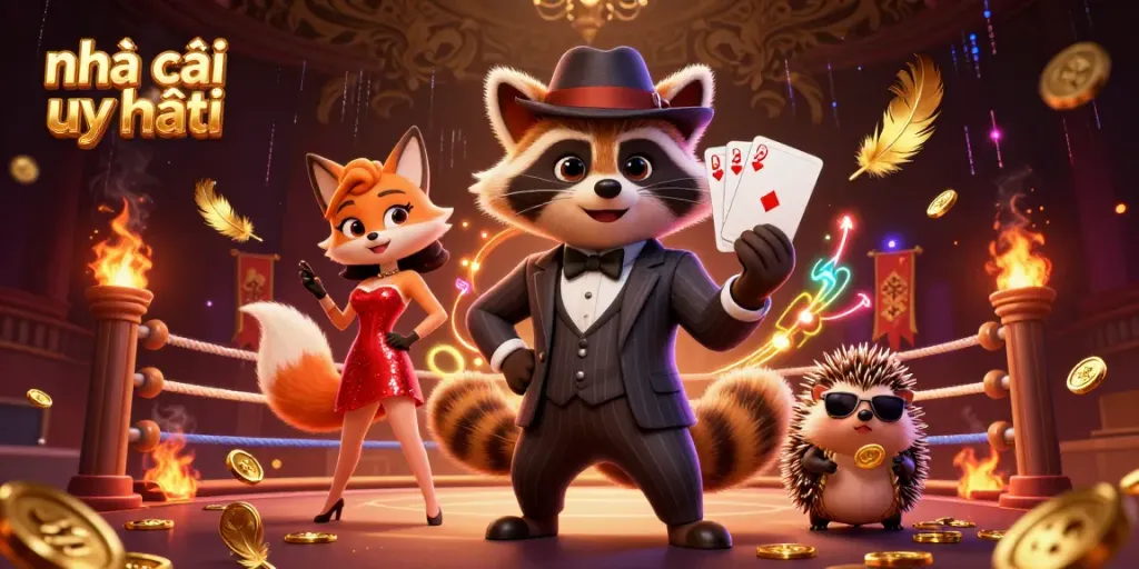 A dynamic illustration of nhà cái uy tín showcasing a raccoon, fox lady, and hedgehog in a casino scene filled with gold tokens and vivid energy