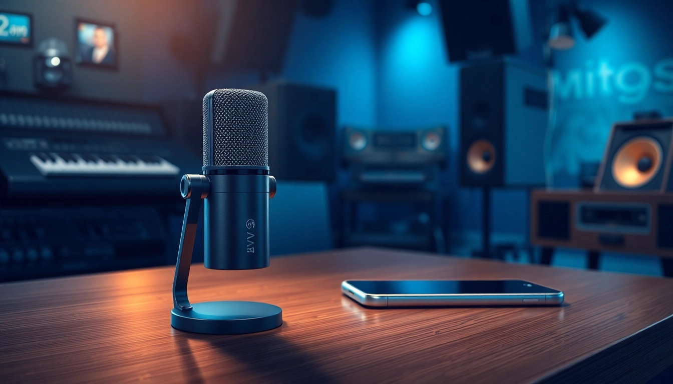 MV88 microphone on a wooden desk next to an iPhone, showcasing professional audio quality.
