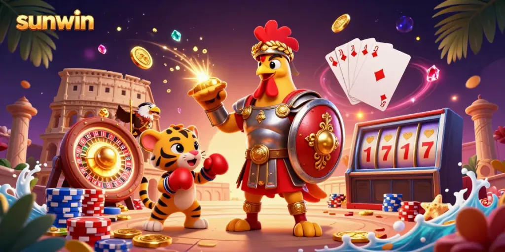 Experience the thrill of sunwin with a dynamic casino scene featuring a gladiator rooster and sparkling elements.
