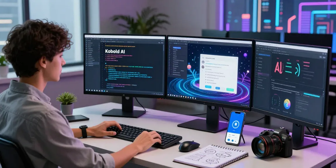 Kobold AI chatbot interaction in a modern workspace with vibrant tech elements.