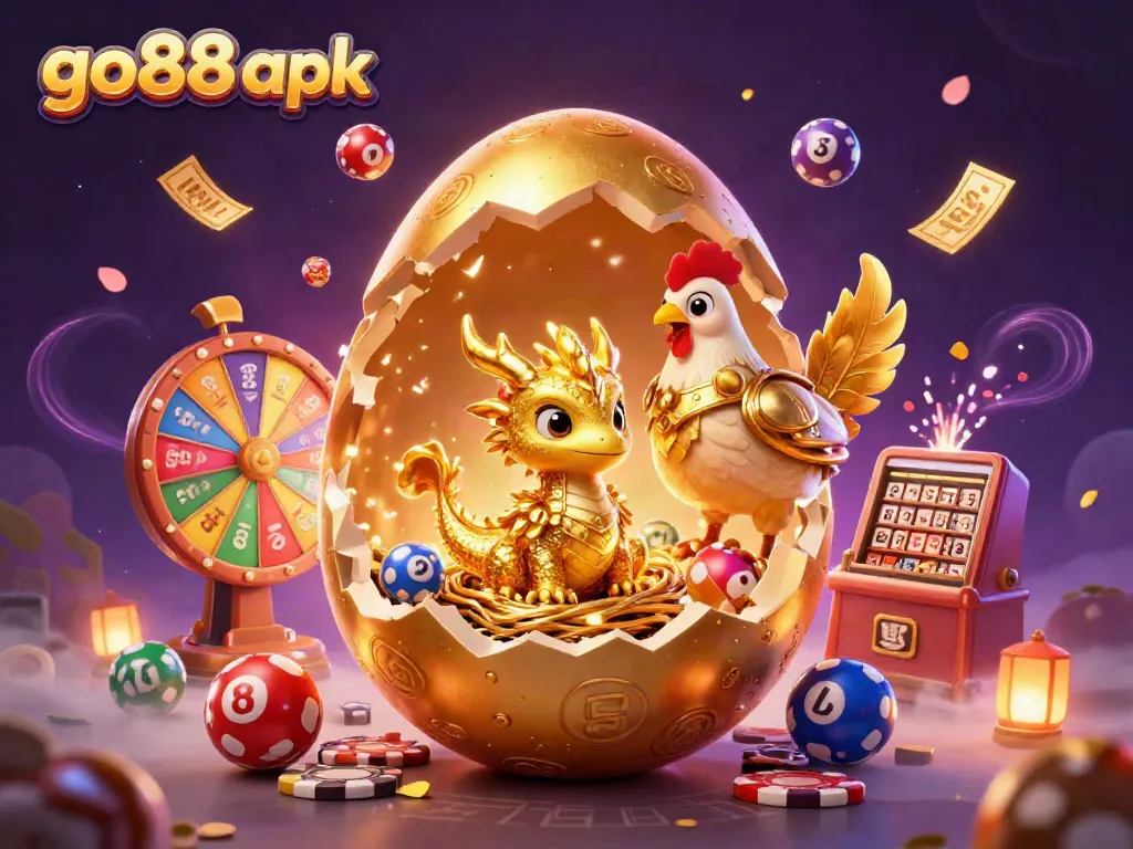 Experience thrilling gaming with go88 apk featuring a baby dragon guarding poker chips amidst dynamic gambling elements.