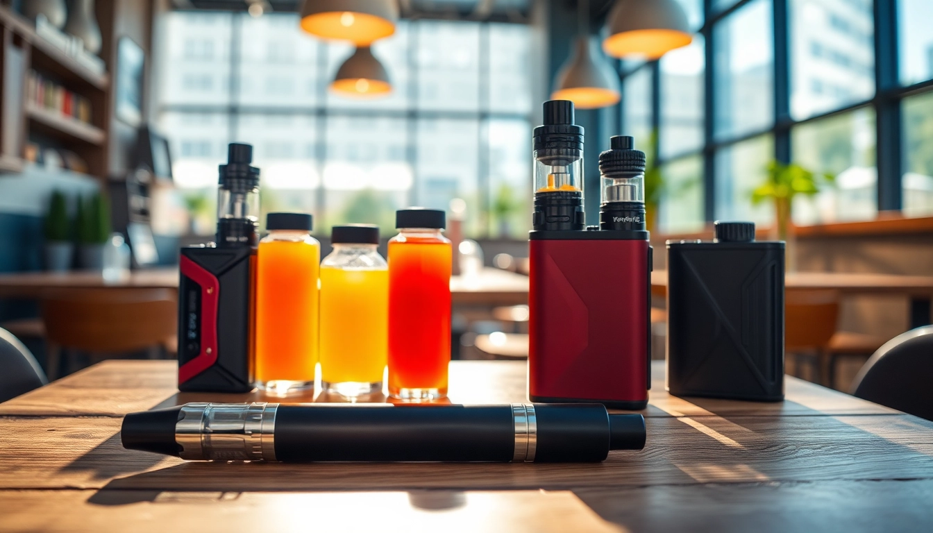 Showcasing vaping devices from primevaporusa.com with colorful vape juices in a trendy café setting.