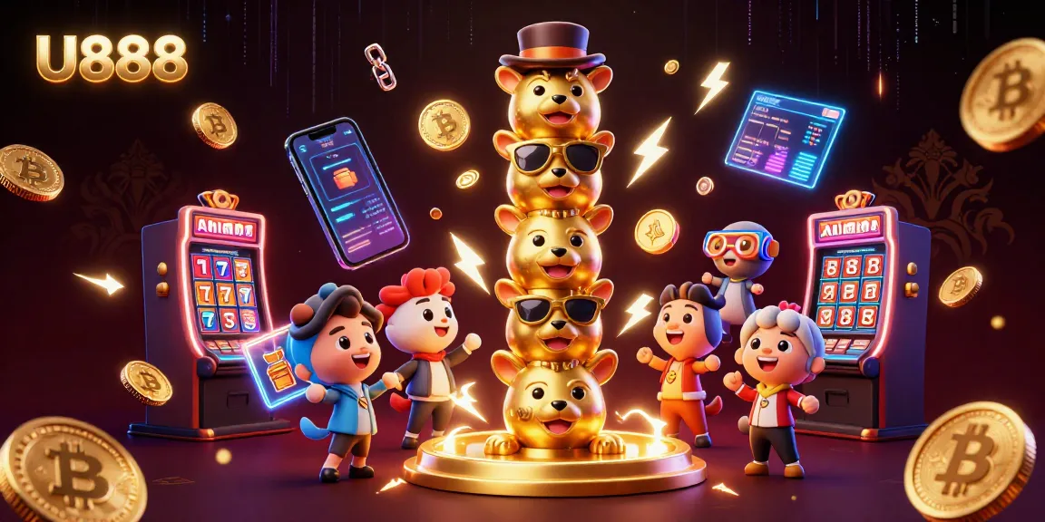Players engage with U888’s vibrant 3D cartoon casino scene showcasing exciting slot machines and golden totem poles.