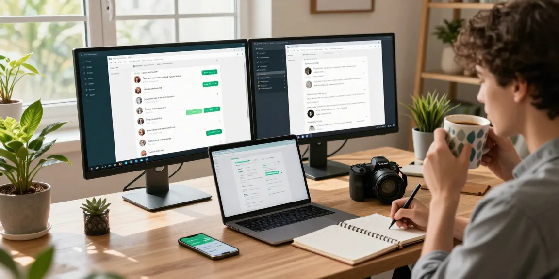 Engaging with WhatsApp電腦版 in a modern office workspace, showcasing productivity and technology.