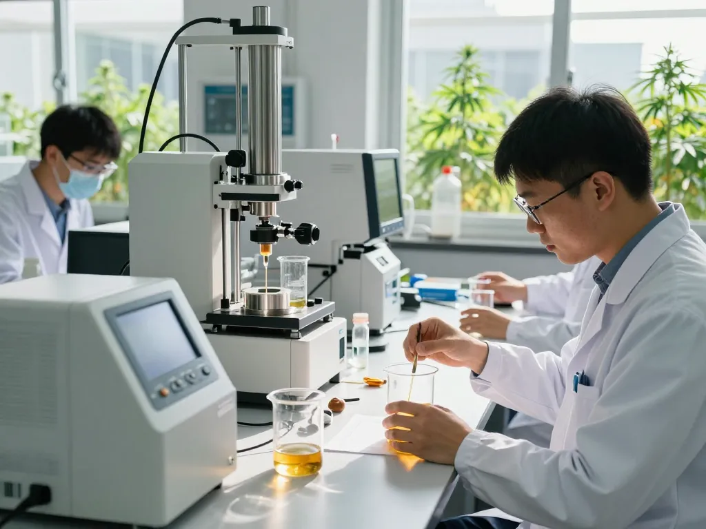 EU cannabinoid manufacturer in a high-tech laboratory, scientists measuring premium extracts.