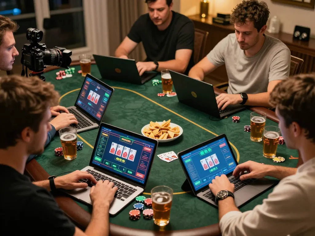 Players engaging in an exciting online poker game with XX88 on their devices, surrounded by a cozy home atmosphere.