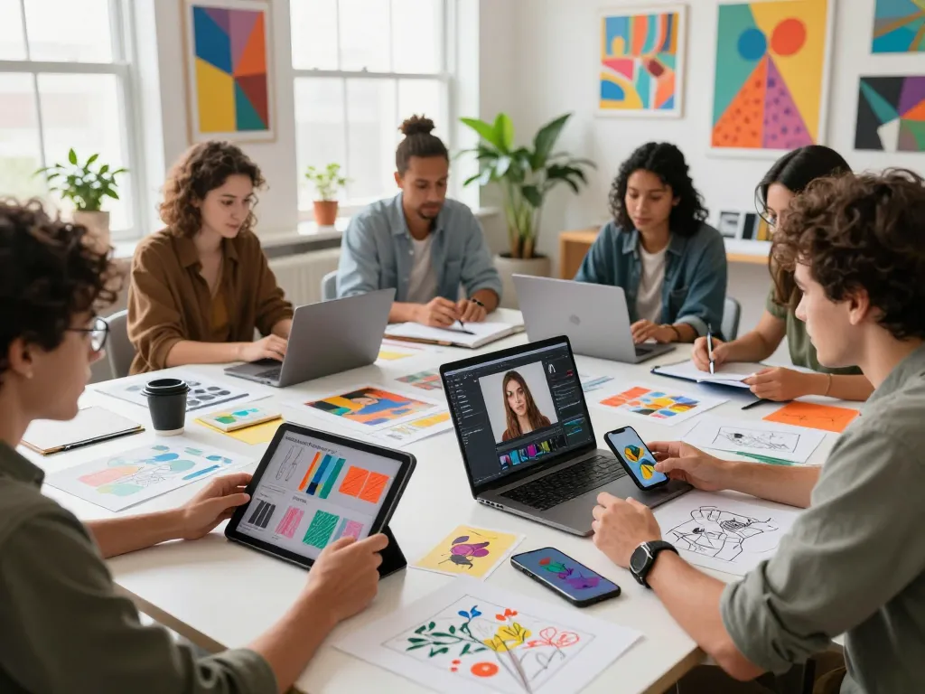 Creators collaboratively exploring the capabilities of nano banana 2 in a vibrant art studio.
