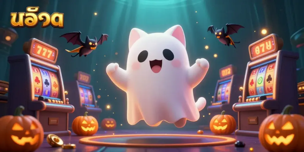 Engage with thrilling สล็อต action as a ghost cat and bat explore an enchanting casino scene.