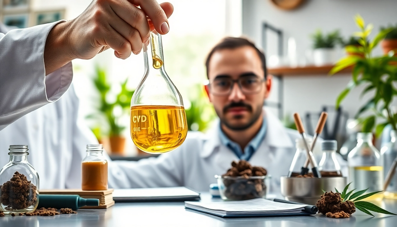 Analyze the benefits of CBD oil in a professional lab setting with a chemist and extraction tools.