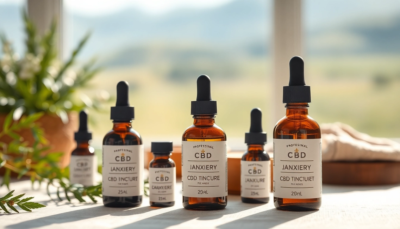 Showcase CBD tinctures for anxiety amidst a tranquil setting with calming lighting and greenery.