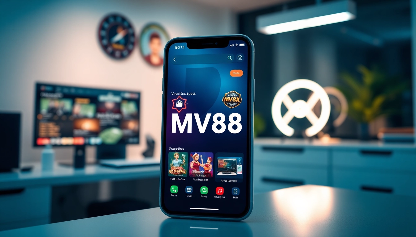 MV88 mobile app interface displayed in a modern office setting, showcasing secure online gambling features.