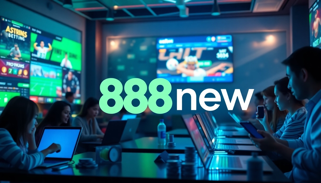 Engaging online betting scene featuring 888new logo, vibrant gaming atmosphere, and diverse players.