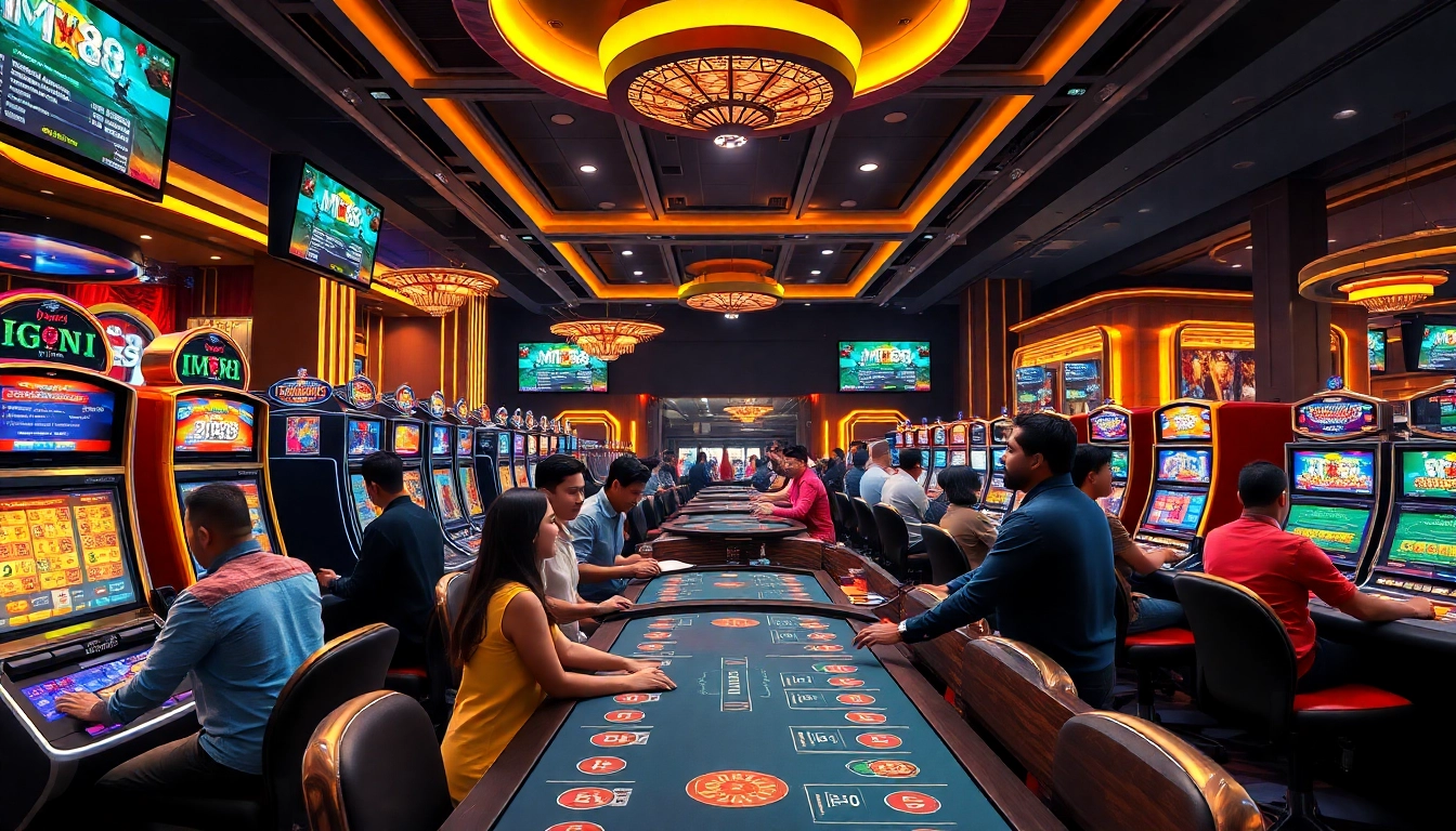 Experience the excitement of online gaming with MM88, featuring diverse players and luxury casino elements.