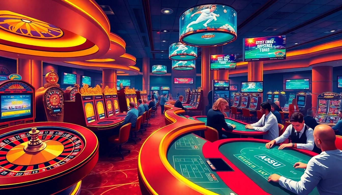 Engaging gamblers at tables and slot machines at the vibrant casino, highlighting https://thabetc.net/ excitement.