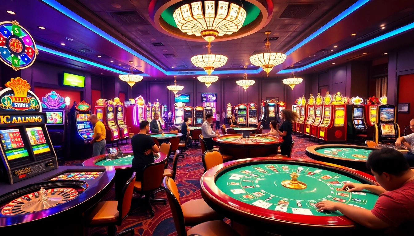 Players enjoying various games at https://88clb.courses/, showcasing a lively casino atmosphere with slot machines and tables.