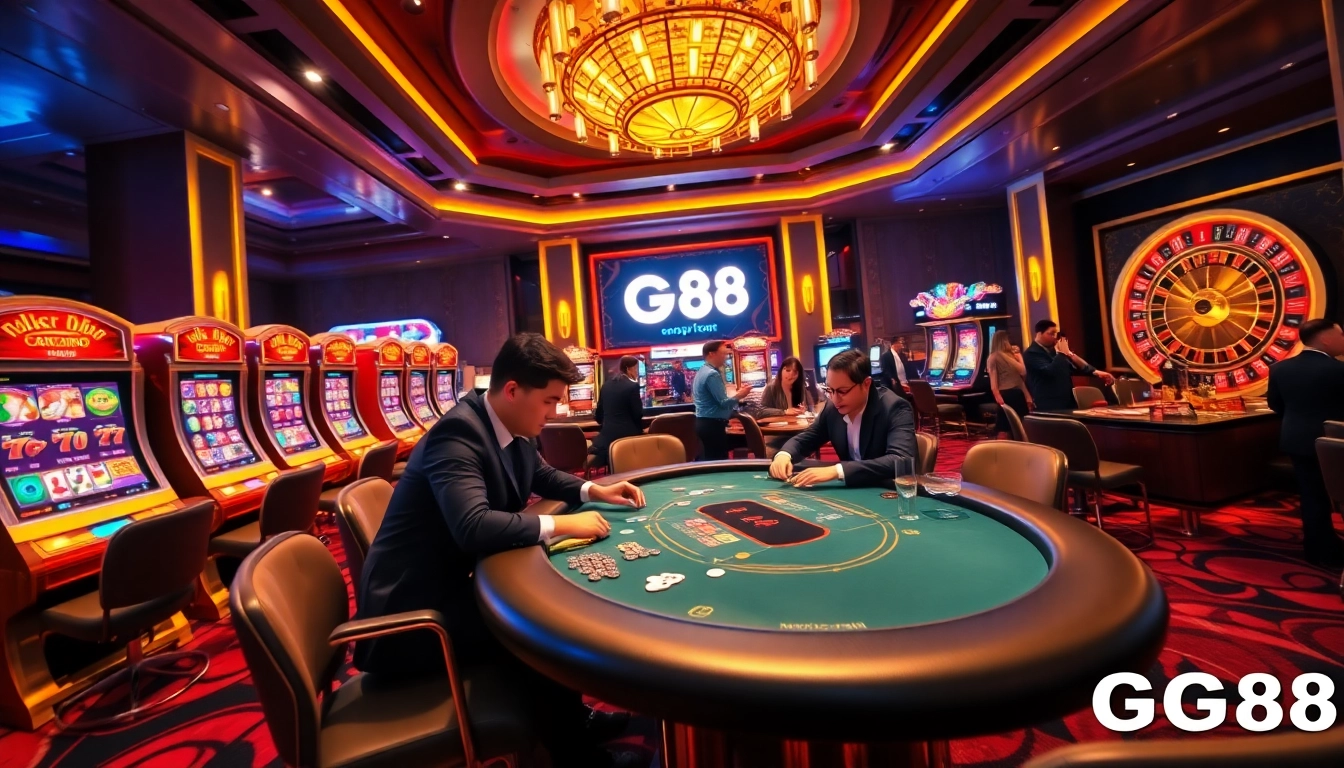 Experience the excitement of GG88 with vibrant casino visuals featuring poker tables and spinning slot machines.