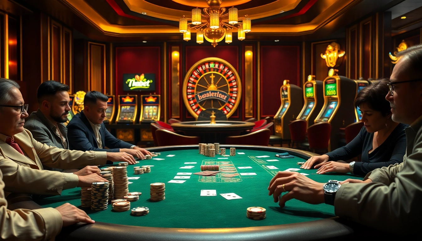 Thabet players enjoying an engaging game at an elegant poker table in a luxurious casino setting.