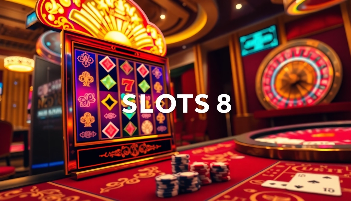 Experience the excitement of SLOTS8 in a luxurious casino setting filled with vibrant slot machines.